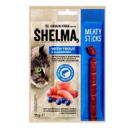 SHELMA snack kočka masové tyčinky 15g se pstruhem a borůvkami